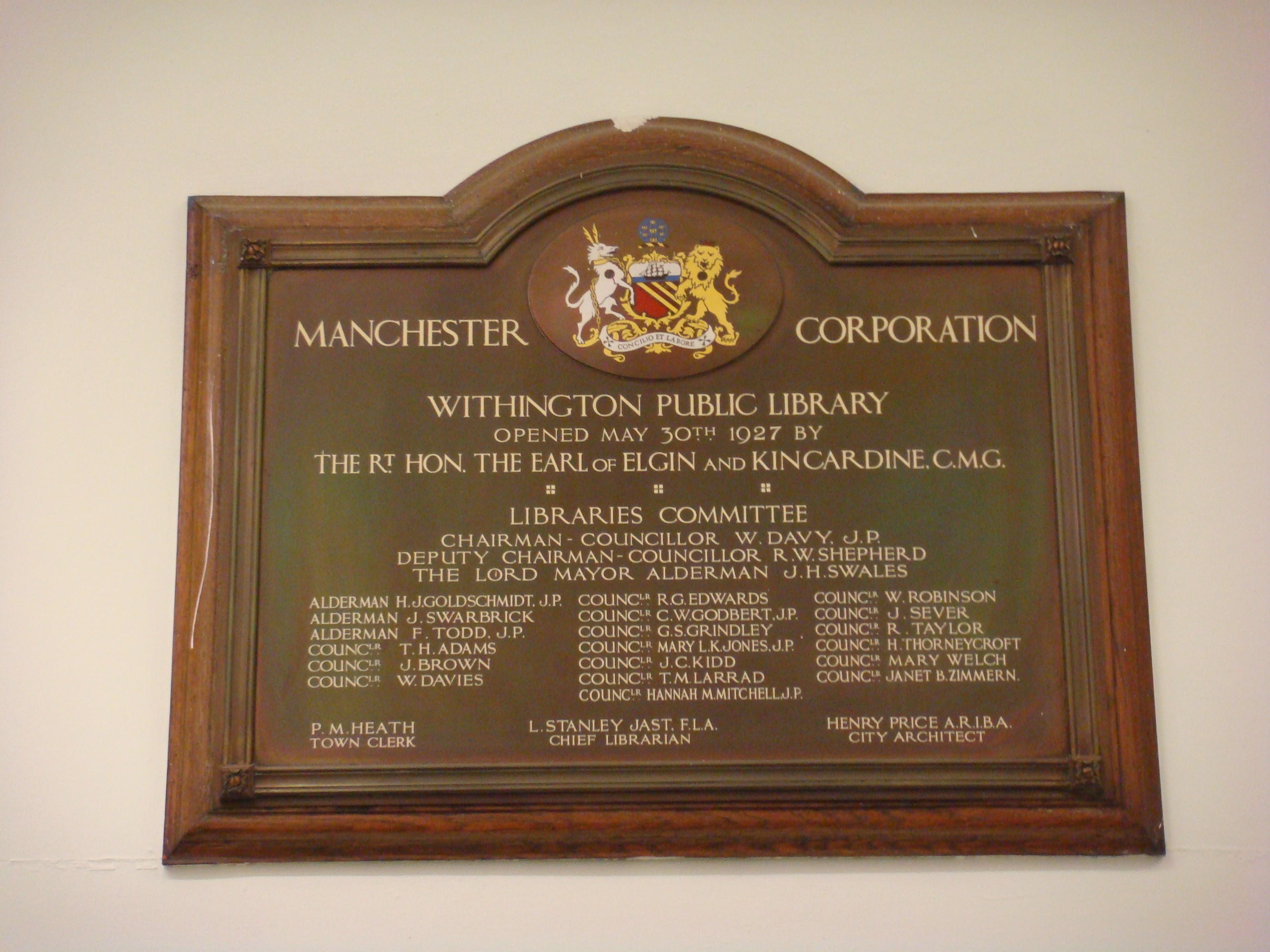 Withington Library, Foundation Plaque